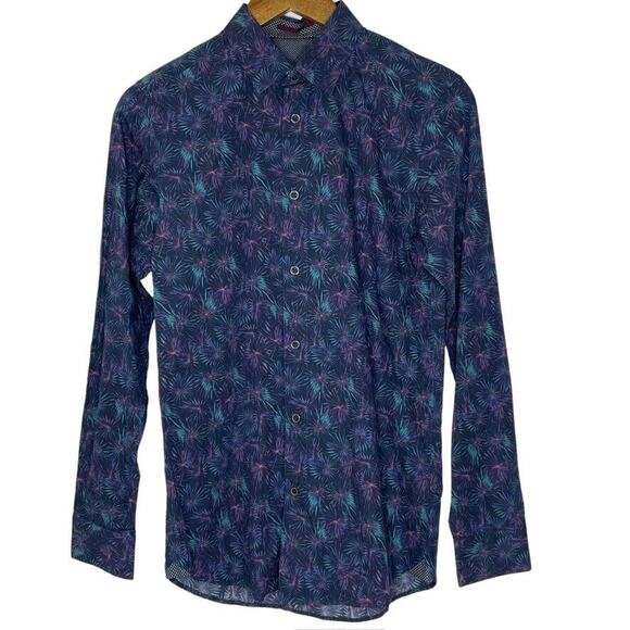 Ted Baker Navy Blue Palm Printed Button Up Collared Long Sleeve Shirt S Men's - Picture 1 of 6